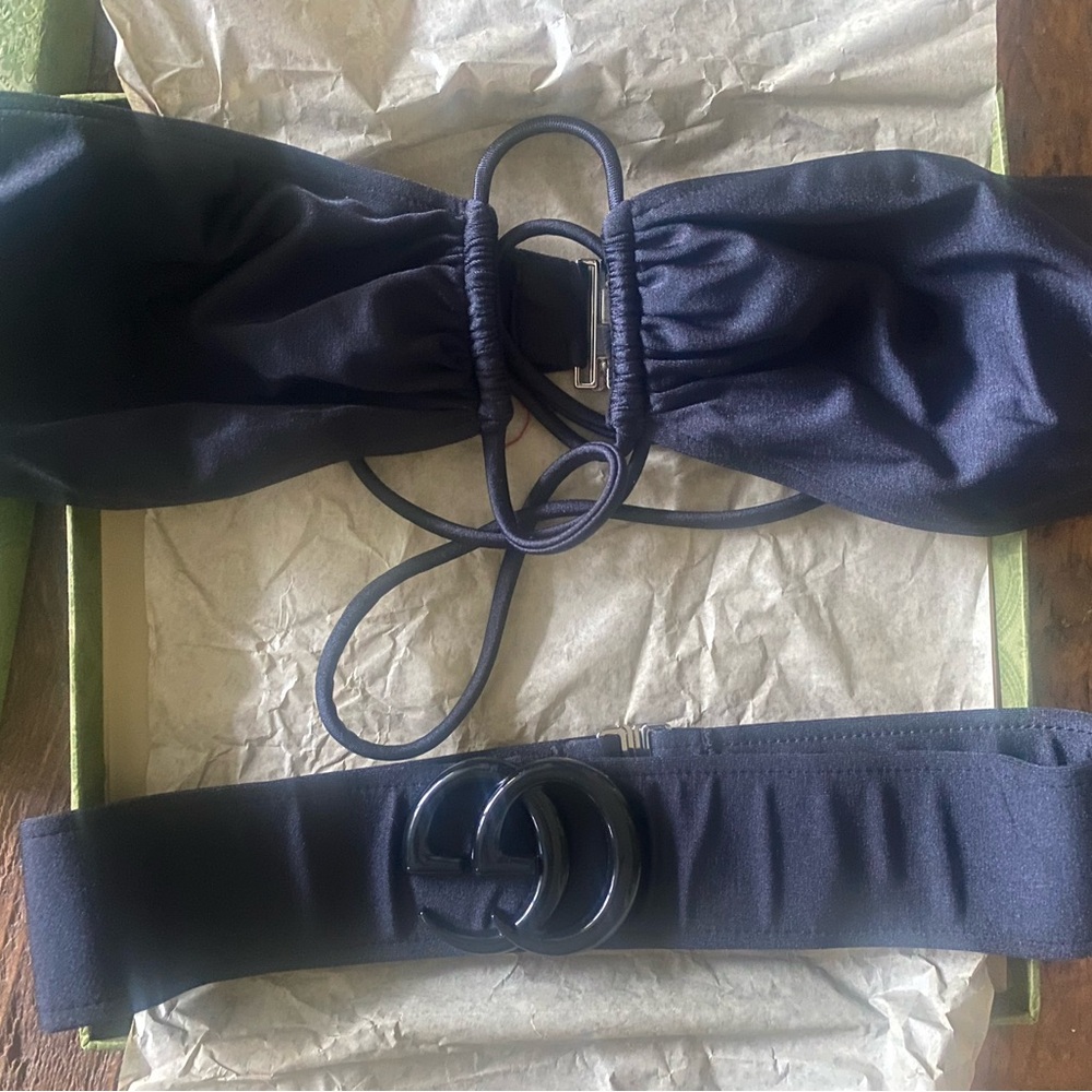 GUCCI Black Designer Swim Top and Belt with Logo Buckles